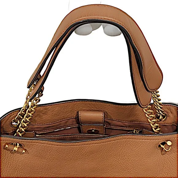 Tory Burch Chelsea Slouchy Leather Tote Bag – Brown Tan Shoulder Purse Gold Tone - Picture 7 of 8